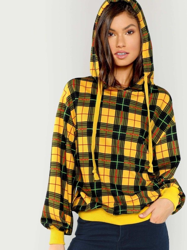 Drop Shoulder Tartan Hoodie