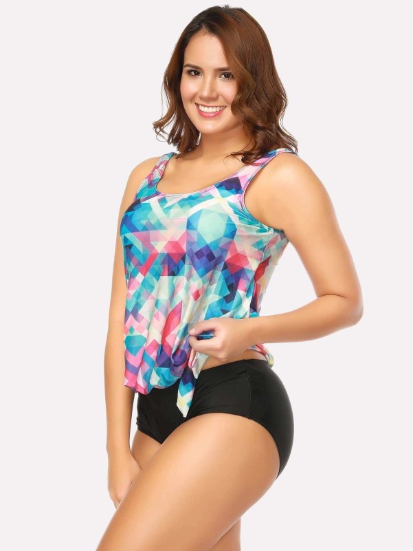 Plus Geometric Pattern Knot Side Tankini Set