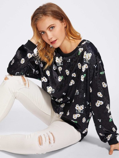 Allover Daisy Print Velvet Sweatshirt