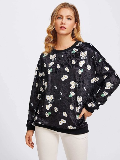 Allover Daisy Print Velvet Sweatshirt