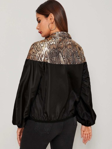 Snakeskin Panel Zip Half Placket Windbreaker Jacket