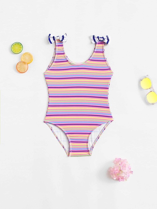 Toddler Girls Bow Decorated Striped Swimsuit