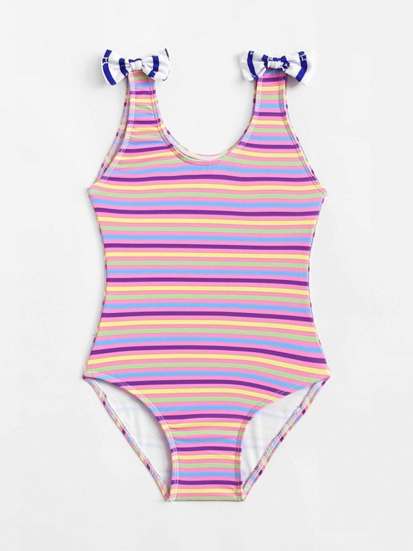 Toddler Girls Bow Decorated Striped Swimsuit