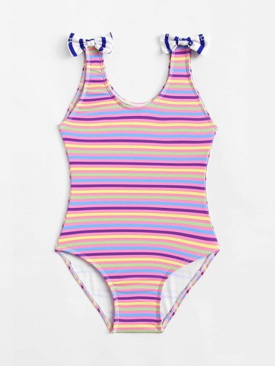 Toddler Girls Bow Decorated Striped Swimsuit