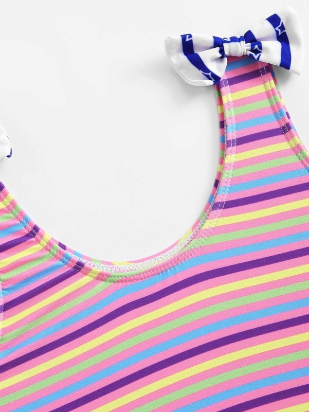 Toddler Girls Bow Decorated Striped Swimsuit