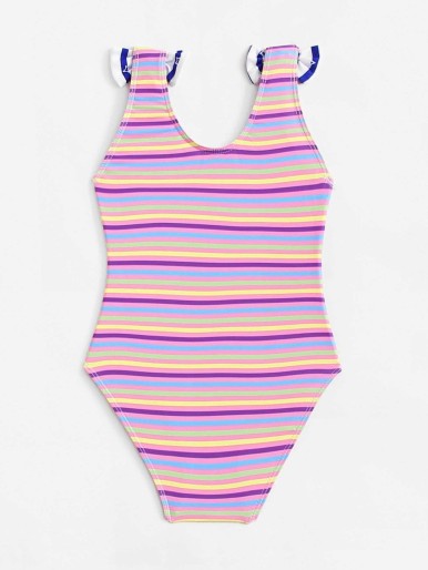 Toddler Girls Bow Decorated Striped Swimsuit