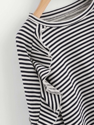 Ruffle Trim Raglan Sleeve Striped Pullover