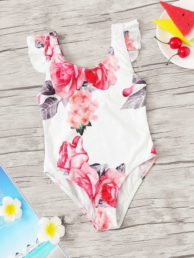 Toddler Girls Random Floral Frill Trim One Piece Swim