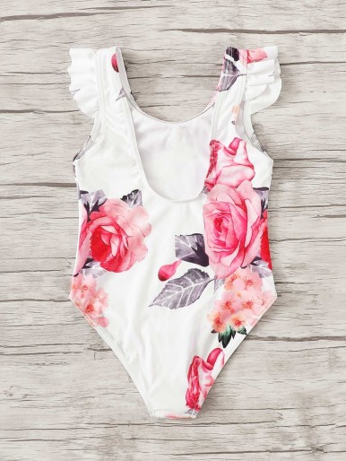 Toddler Girls Random Floral Frill Trim One Piece Swim