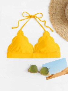 Scalloped Trim Solid Halter Bikini Top