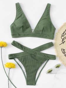 Textured V-Neck Top With Cut-Out Bikini Set