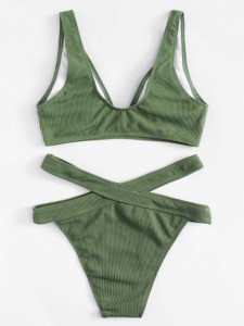 Textured V-Neck Top With Cut-Out Bikini Set