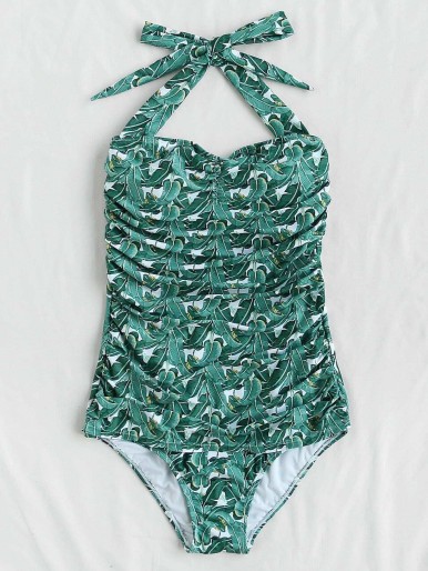Leaf Print Halter Ruched One Piece Swimsuit
