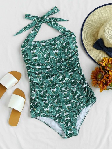 Leaf Print Halter Ruched One Piece Swimsuit