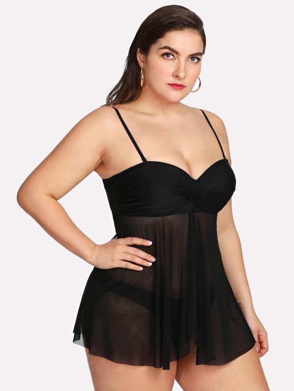 Plus Split Mesh Swim Dress Set