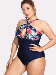 Plus Flower Print Cross Halter One Piece Swimsuit