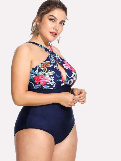 Plus Flower Print Cross Halter One Piece Swimsuit