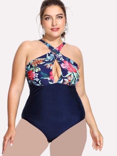 Plus Flower Print Cross Halter One Piece Swimsuit