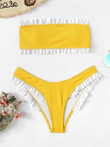 Ruffle Trim Bandeau Top With High Cut Bikini