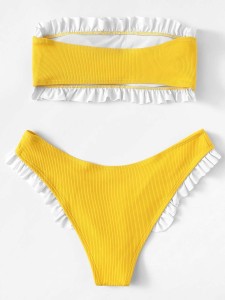 Ruffle Trim Bandeau Top With High Cut Bikini