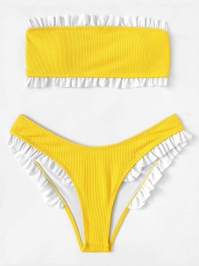 Ruffle Trim Bandeau Top With High Cut Bikini