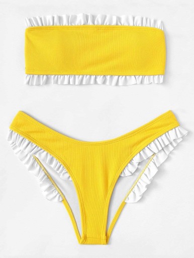 Ruffle Trim Bandeau Top With High Cut Bikini