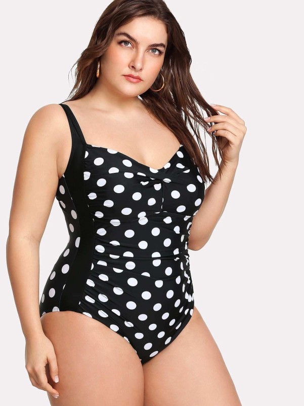 Plus Polka Dot Pattern Plunge One Piece Swimsuit