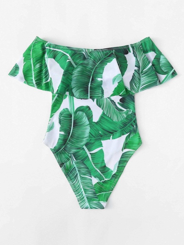 Palm Leaf Print Flounce Bardot Swimsuit