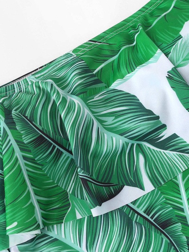 Palm Leaf Print Flounce Bardot Swimsuit