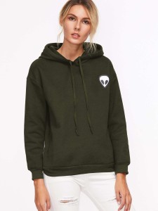 Army Green Alien Print Hooded Sweatshirt