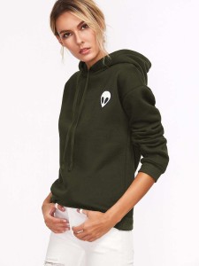 Army Green Alien Print Hooded Sweatshirt