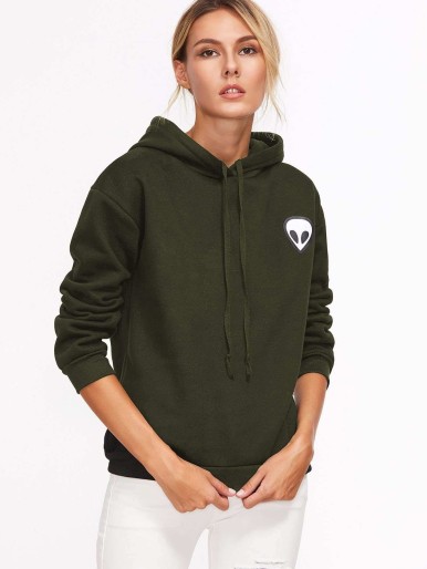 Army Green Alien Print Hooded Sweatshirt