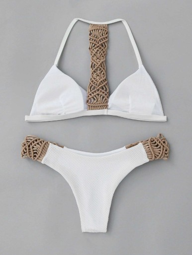 Woven Detail Racerback Top With High Leg Bikini