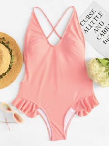 Ruffle Detail Crisscross Open Back One Piece Swim