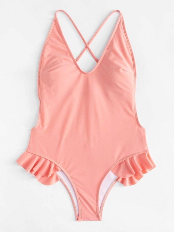 Ruffle Detail Crisscross Open Back One Piece Swim