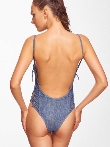 Lace-up Backless Scoop Neck One Piece Swimsuit