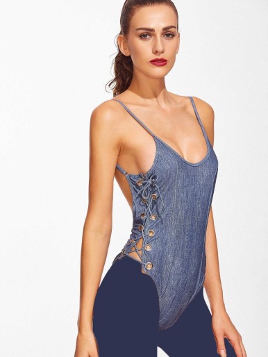 Lace-up Backless Scoop Neck One Piece Swimsuit