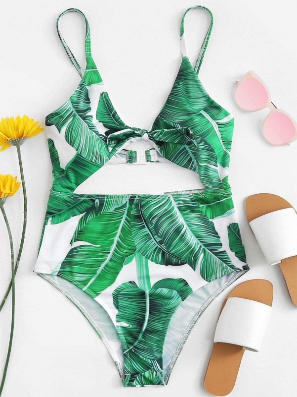 Knot Cutout Front Tropical Swimsuit