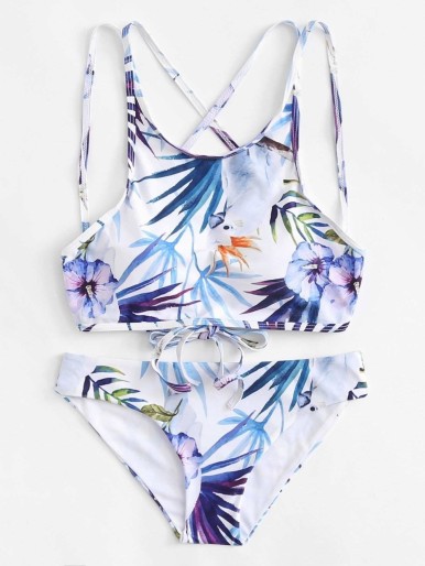 Leaf Print Cross Back Bikini Set