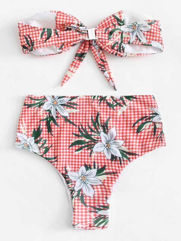 Plaid And Flower Print Knot Front Bikini Set 