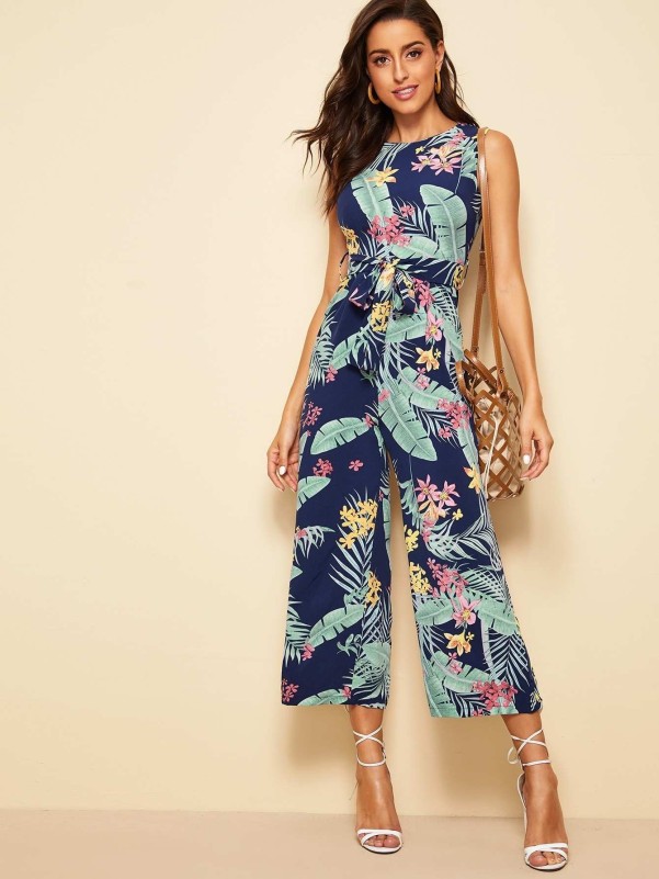 Floral & Leaves Print Wide Leg Belted Jumpsuit