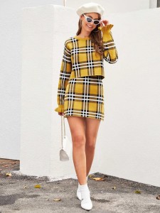 Plaid Ruffle Cuff Sweater & Bodycon Skirt Set
