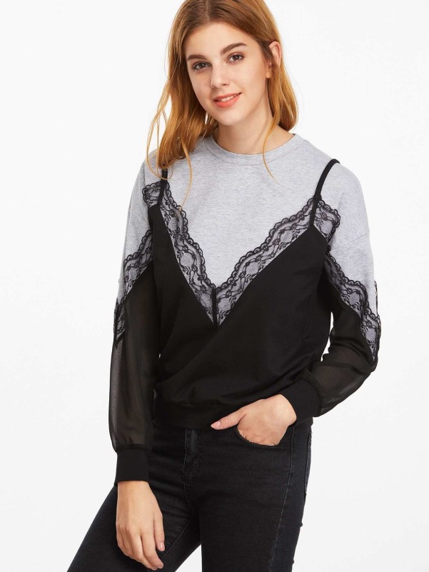 Contrast Lace Trim Sheer Sleeve 2 In 1 Sweatshirt