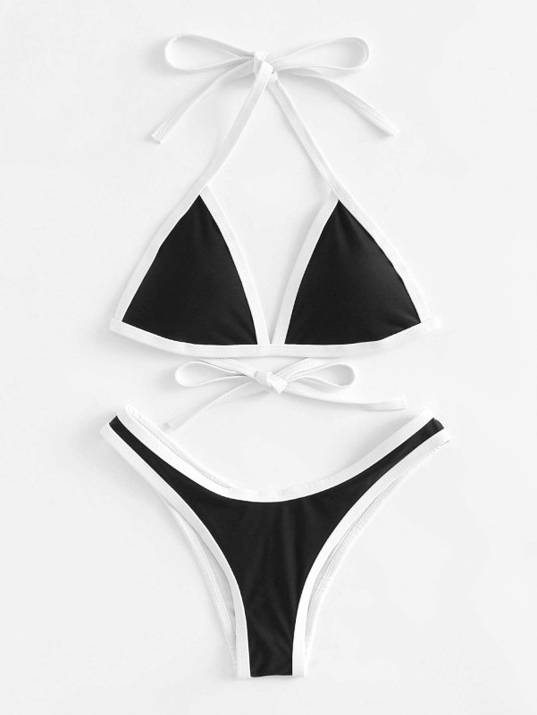 Backless Halter Top With Contrast Trim Bikini Set
