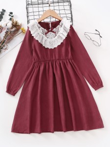 Girls Guipure Lace Bow Detail Eyelet Embroidered Ruffle Trim Dress