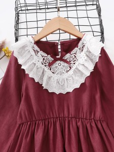 Girls Guipure Lace Bow Detail Eyelet Embroidered Ruffle Trim Dress