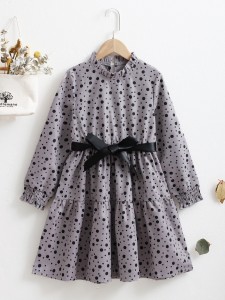 Girls Polka Dot Shirred Cuff Frilled Neck Ruffle Hem Belted Dress