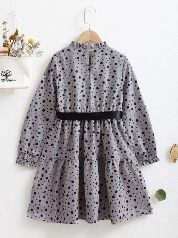 Girls Polka Dot Shirred Cuff Frilled Neck Ruffle Hem Belted Dress