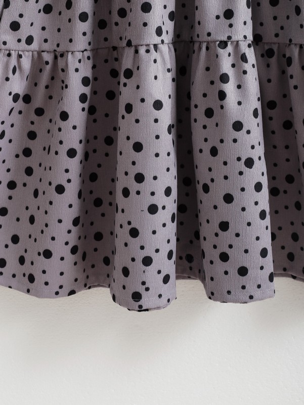 Girls Polka Dot Shirred Cuff Frilled Neck Ruffle Hem Belted Dress