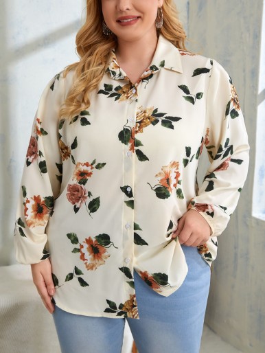 EMERY ROSE Plus Floral Print Lantern Sleeve Shirt